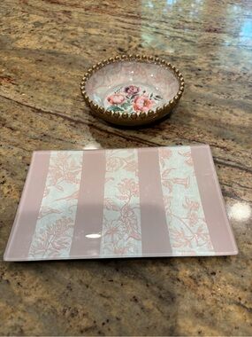Set - DecoupagedPink Striped Decorative Tray with Floral Accent and Trinket Dish